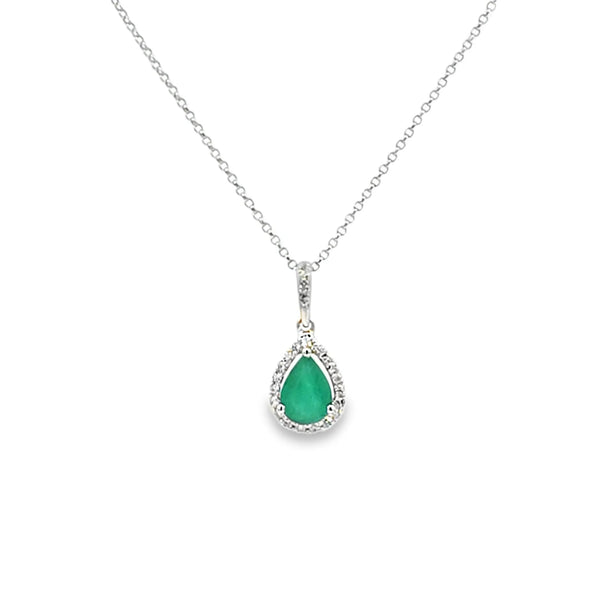Dije con cadena en oro blanco de 14K con diamante de 0.08CT y esmeralda de 0.56CT