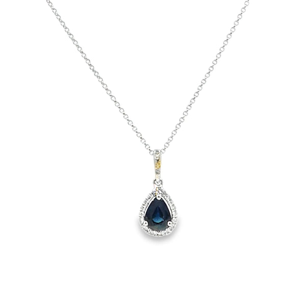 Dije con cadena en oro blanco de 14K con diamante de 0.08CT y zafiro de 0.97CT