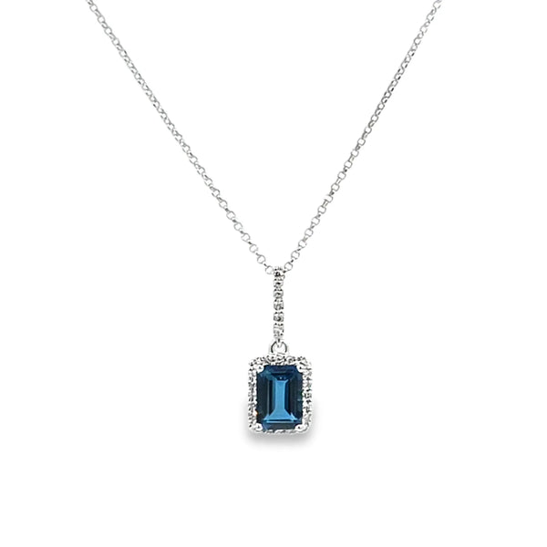 Dije con cadena en oro blanco de 14K con diamante de 0.09CT y topacio London Blue