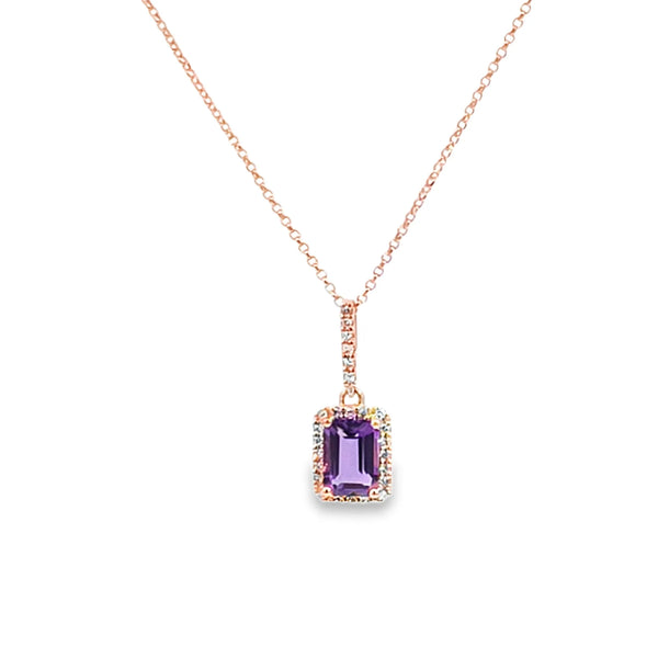 Dije con cadena en oro rosa de 14K con diamante de 0.10CT y amatista