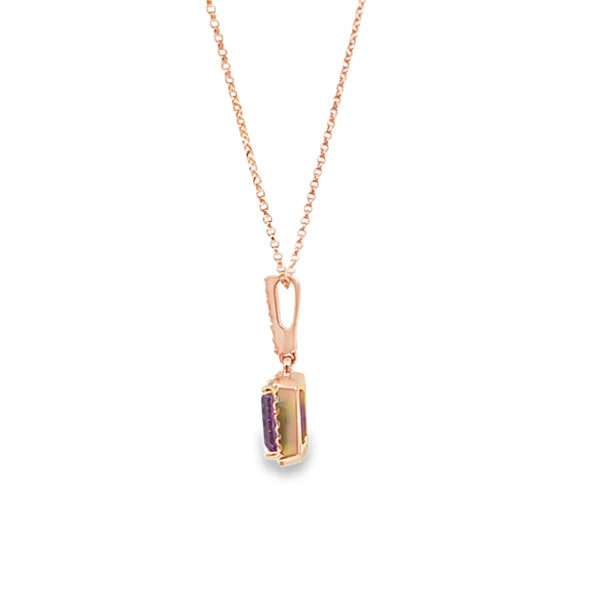 Dije con cadena en oro rosa de 14K con diamante de 0.10CT y amatista