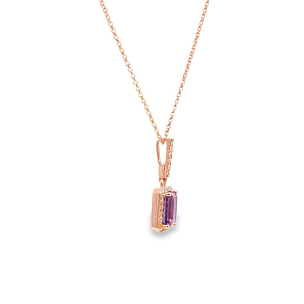 Dije con cadena en oro rosa de 14K con diamante de 0.10CT y amatista
