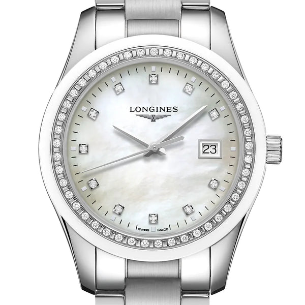 Reloj Longines Conquest Classic Acero Cuarzo 36MM Madre Perla con Brillantes