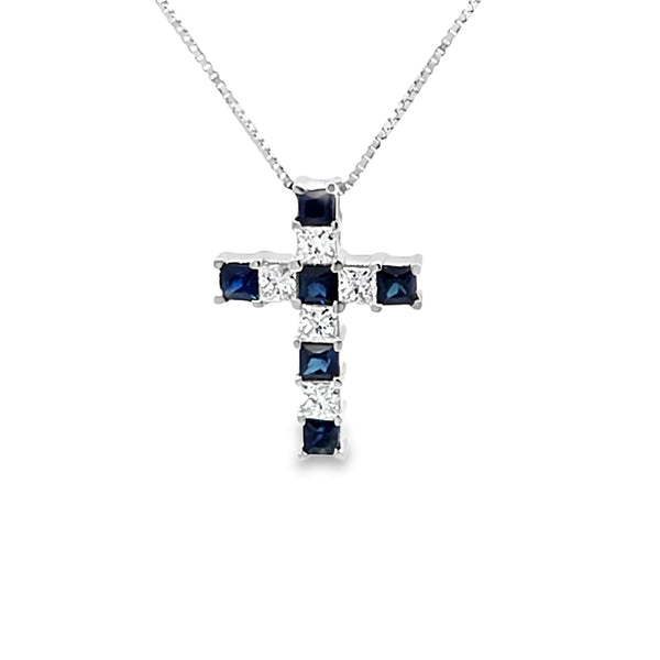 Cruz con cadena en oro blanco de 14K y zafiro de 0.27 ct
