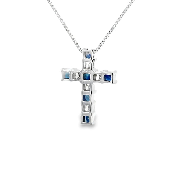 Cruz con cadena en oro blanco de 14K y zafiro de 0.27 ct