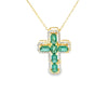 Cruz con cadena en oro amarillo de 14K con 0.36 ct de diamantes y 2.23 ct de esmeraldas