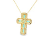 Cruz con cadena en oro amarillo de 14K con 0.36 ct de diamantes y 2.23 ct de esmeraldas