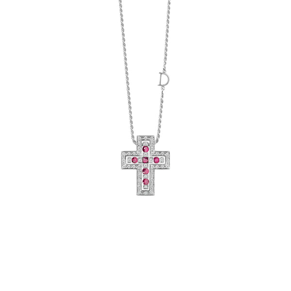 Cruz con Cadena en Oro Blanco de 18K con Diamantes y Rubí de Damiani