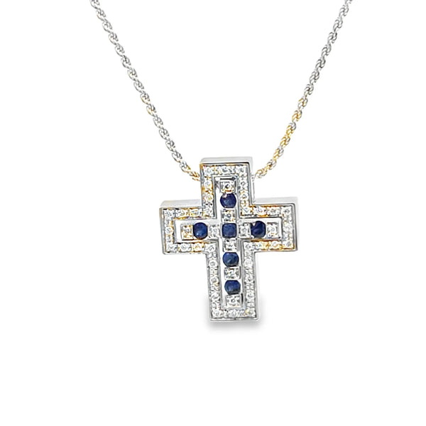 Cruz con cadena en oro de 18K OB con diamantes de 0.27 ct y 0.42 ct, acentuada con zafiro - Damiani