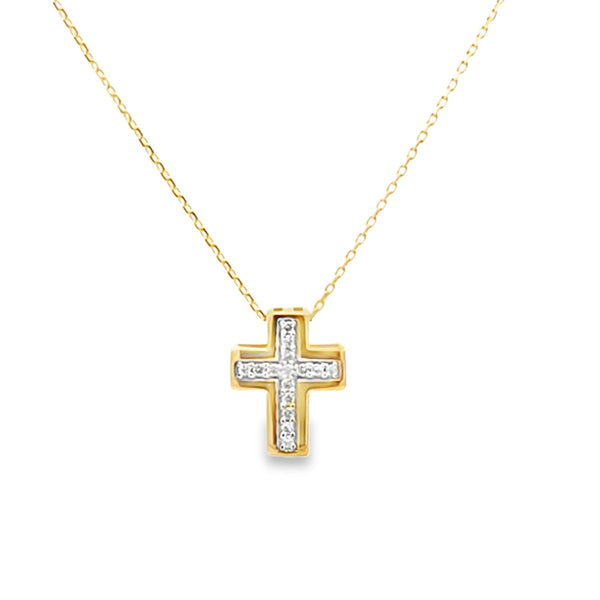 Cruz con cadena en oro amarillo de 14K con 0.06 ct en diamante H SI1