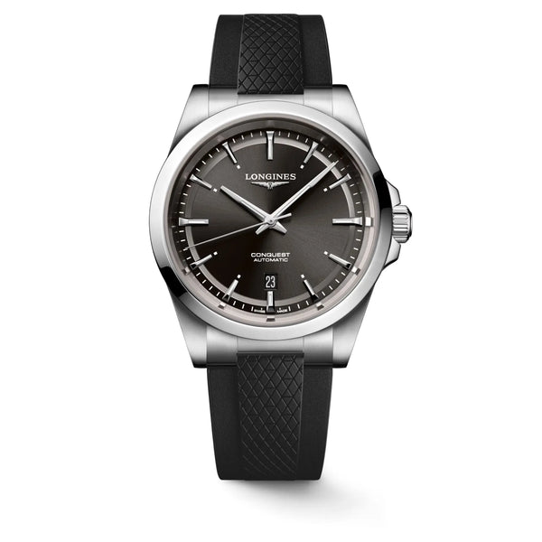 Reloj Longines Conquest Acero Automático 41MM Negro con Correa de Caucho