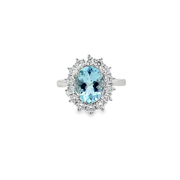 Anillo para Dama en Oro Blanco de 18K, con Brillante de 0.85 ct y Aquamarina de 2.2 ct.