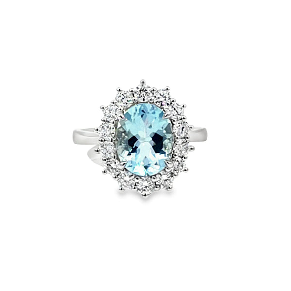 Anillo para Dama en Oro Blanco de 18K, con Brillante de 0.78 ct y Aquamarina de 3.02 ct.