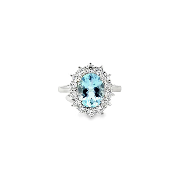 Anillo para Dama en Oro Blanco de 18K, con Brillante de 0.56 ct y Aquamarina de 2.56 ct.