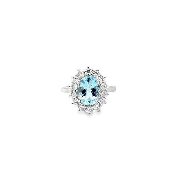 Anillo para Dama en Oro Blanco de 18K, con Brillante de 0.38 ct y Aquamarina de 1.60 ct.
