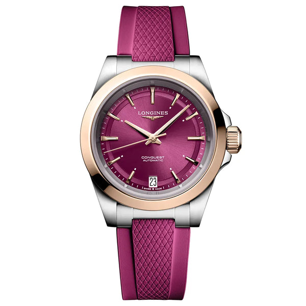 Reloj Longines Conquest 2T automático 34 mm con correa de caucho color vino