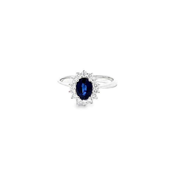 Anillo para dama en oro blanco de 14K con 0.25 ct en diamantes y 1.00 ct en zafiro