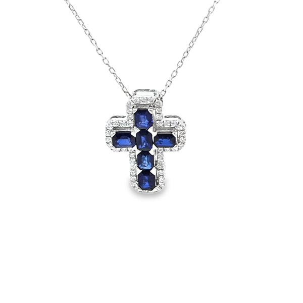 Cruz con cadena en oro blanco de 14K con 0.33 ct en diamantes y 1.39 ct de zafiro
