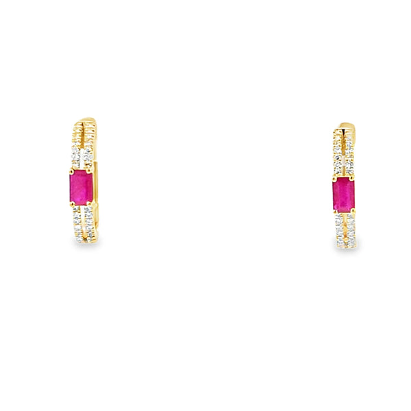 Aretes en oro amarillo de 14K con diamante de 0.15CT y rubí de 0.59CT