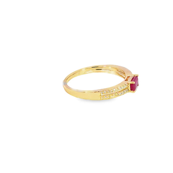 Anillo dama en oro amarillo de 14K con diamante de 0.10CT y rubí de 0.25CT