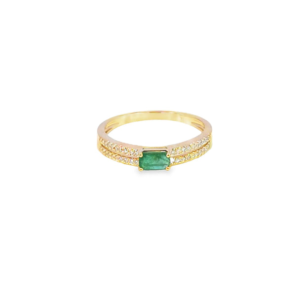 Anillo dama en oro amarillo de 14K con diamante de 0.10CT y esmeralda de 0.32CT