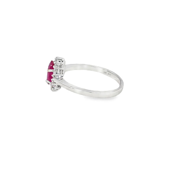 Anillo dama en oro blanco de 14K con diamante de 0.14CT y rubí de 1.10CT