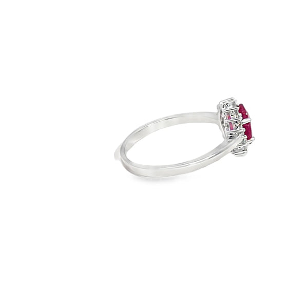 Anillo dama en oro blanco de 14K con diamante de 0.14CT y rubí de 1.10CT
