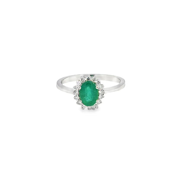 Anillo dama en oro blanco de 14K con diamante de 0.14CT y esmeralda de 0.77CT