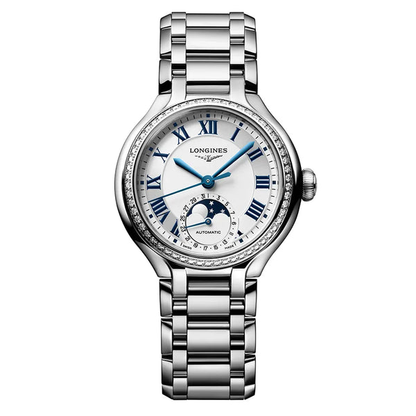 Reloj Longines Primaluna en acero automático 34 mm con diamantes brillantes
