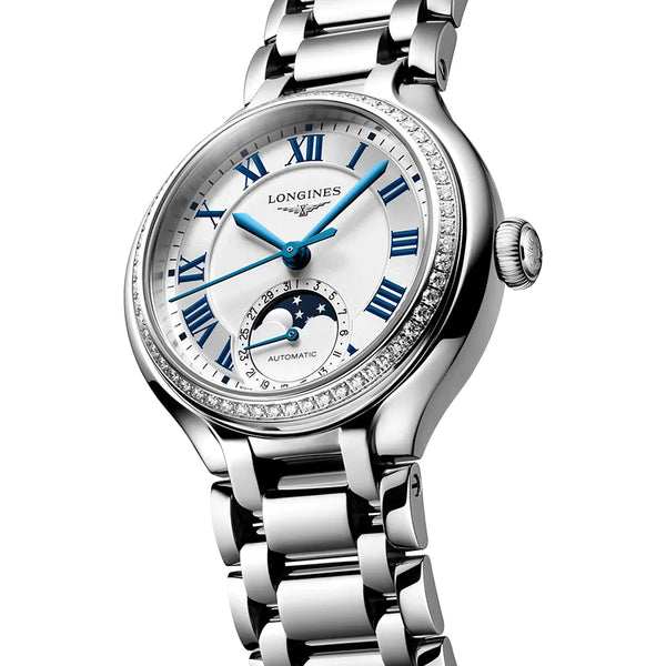 Reloj Longines Primaluna en acero automático 34 mm con diamantes brillantes