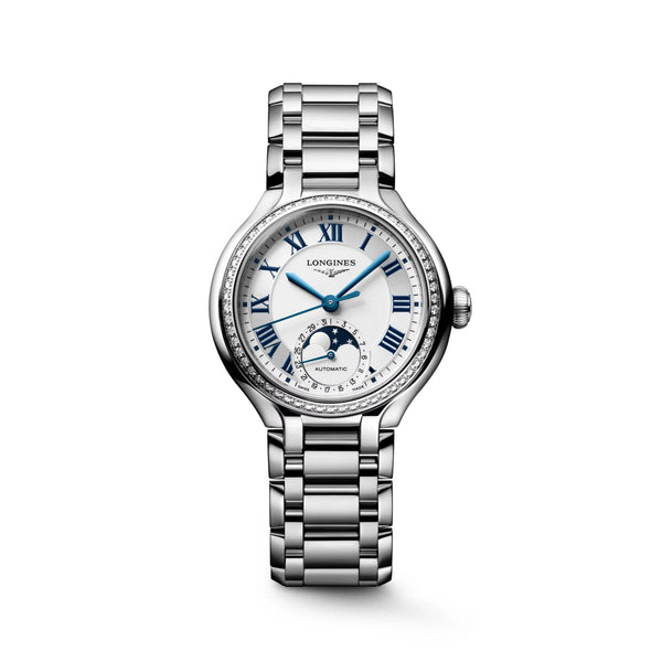 Reloj Longines Primaluna en acero automático 34 mm con diamantes brillantes