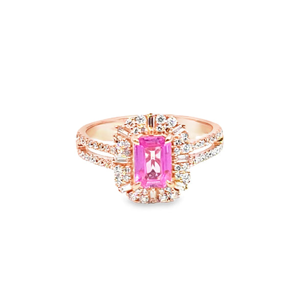 Anillo de dama en oro de 14K con diamante de 0.62 ct y zafiro rosa de 0.75 ct