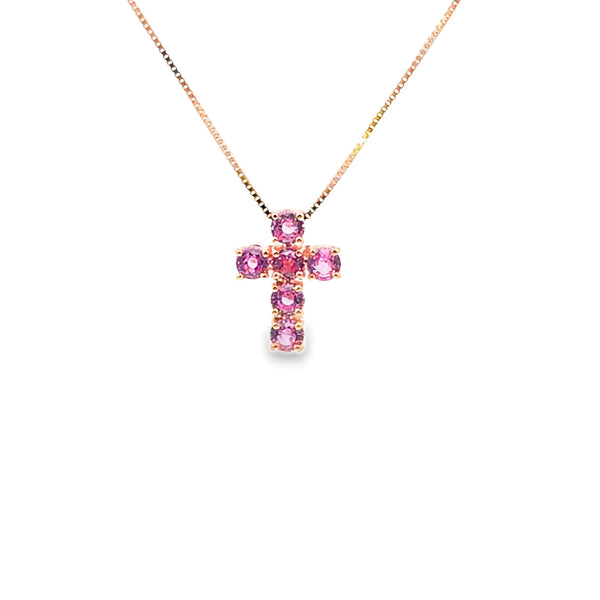 Cruz con cadena en oro de 14K con diamante de 0.76 ct y zafiro rosa