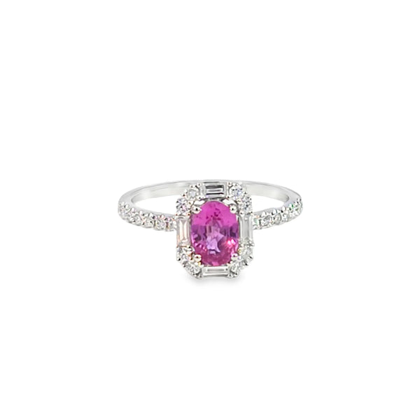 Anillo para dama en oro blanco de 14K con diamantes de 0.46 ct y zafiro rosa de 0.96 ct