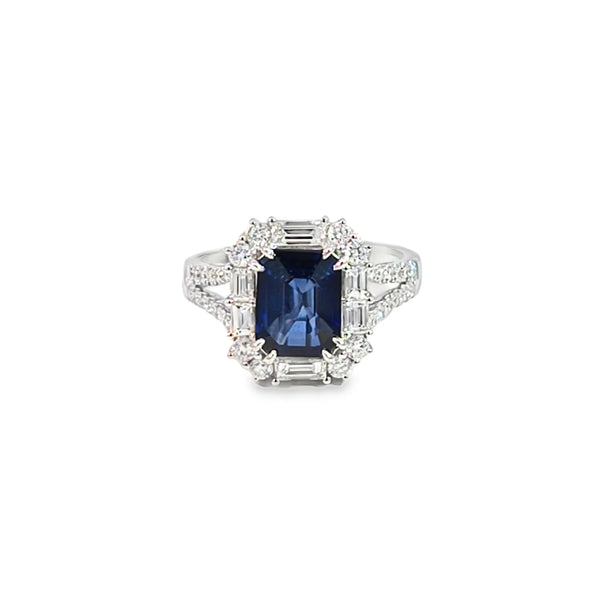 Anillo para dama en oro blanco de 14K con diamantes de 1.01 ct y zafiro de 1.92 ct