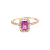 Anillo para dama en oro amarillo de 14K con diamantes de 0.17 ct y zafiro rosa de 1.28 ct