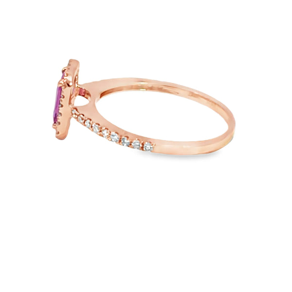 Anillo para dama en oro amarillo de 14K con diamantes de 0.17 ct y zafiro rosa de 1.28 ct