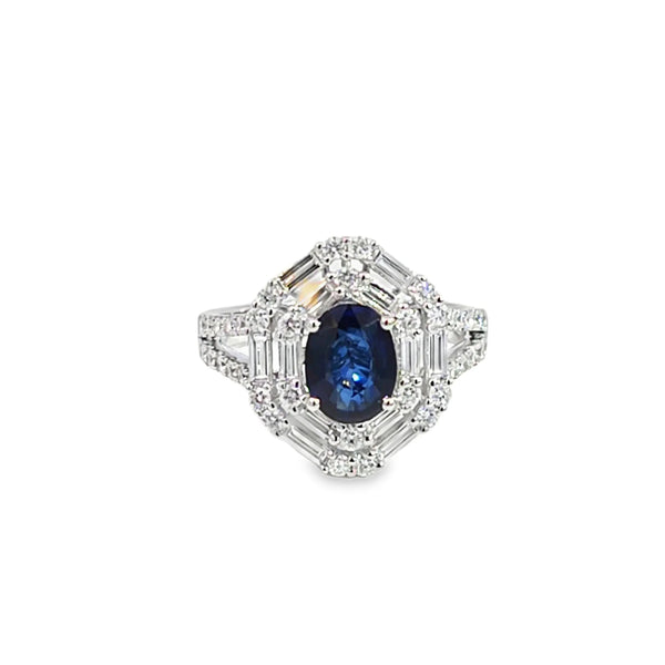 Anillo para dama en oro blanco de 14K con diamantes de 1.06 ct y zafiro de 1.14 ct