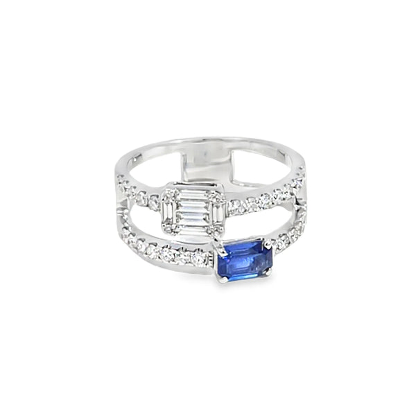 Anillo para dama en oro blanco de 14K con diamantes de 0.70 ct y zafiro de 0.74 ct