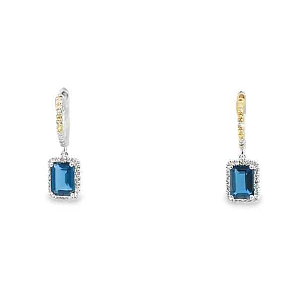Aretes en oro blanco de 14K con diamante de 0.22CT y topacio London Blue