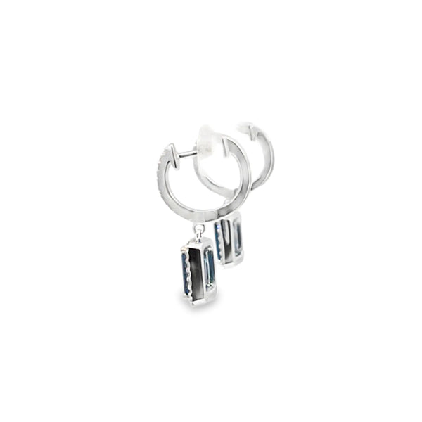 Aretes en oro blanco de 14K con diamante de 0.22CT y topacio London Blue