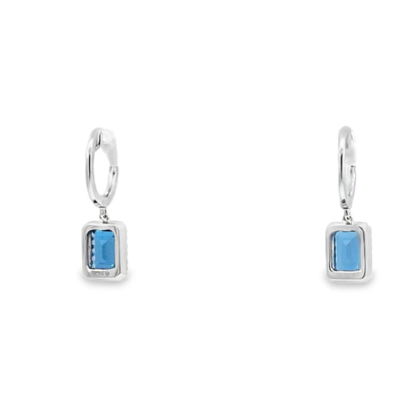 Aretes en oro blanco de 14K con diamante de 0.22CT y topacio London Blue
