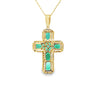 Cruz con cadena en oro amarillo de 14K con 0.48 ct en diamantes y 3.81 ct en esmeraldas