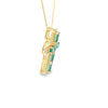 Cruz con cadena en oro amarillo de 14K con 0.36 ct de diamantes y 2.23 ct de esmeraldas