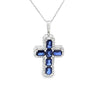 Cruz con cadena en oro blanco de 14K con 0.48 ct en diamantes y 3.81 ct en zafiros