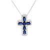 Cruz con cadena en oro blanco de 14K con 0.36 ct de diamantes y 2.23 ct de zafiros