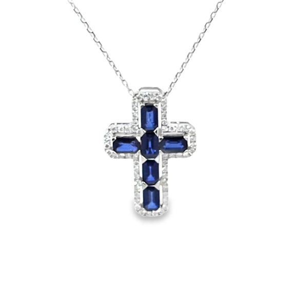 Cruz con cadena en oro blanco de 14K con 0.36 ct de diamantes y 2.23 ct de zafiros