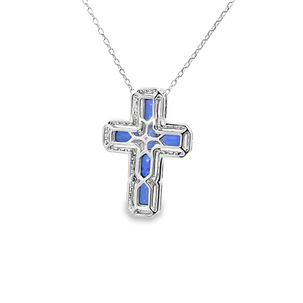 Cruz con cadena en oro blanco de 14K con 0.36 ct de diamantes y 2.23 ct de zafiros