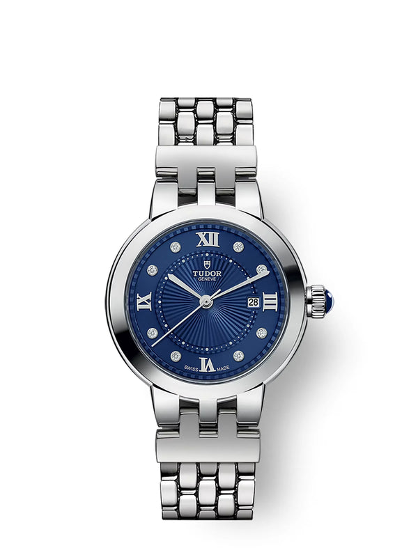 Reloj Tudor Clair de Rose de 30 mm en Acero Inoxidable con Movimiento de Cuarzo, Detalles de Brillantes y Esfera Azul