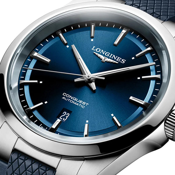 Reloj Longines Conquest Acero Automático 41MM Azul con Correa de Caucho